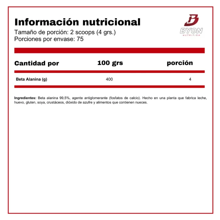 Información nutricional de Beta Alanine 300 g