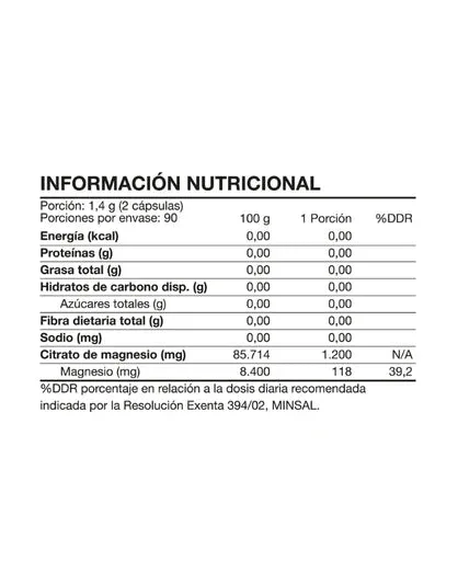Información nutricional de Citrato de Magnesio 180 caps