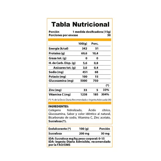 Información nutricional de Colágeno Hidrolizado 300 g · Frutos del Bosque