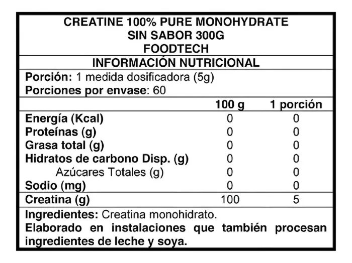 Información nutricional de Creatine 100% Pure Monohydrate · 60 servicios