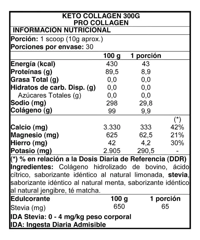Información nutricional de Keto Collagen 300 g