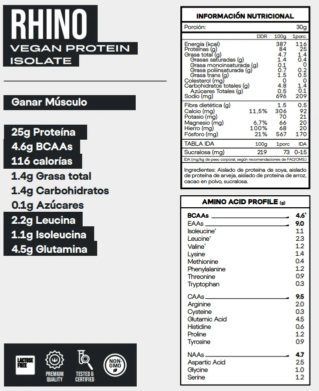 Información nutricional de RHINO Vegan Protein Isolate 2 lb