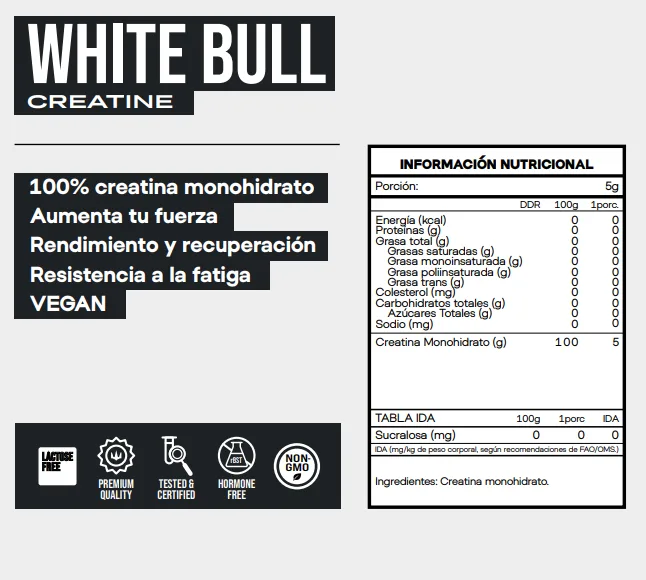 Información nutricional de WHITE BULL 100% Creatine Monohydrate 300 g