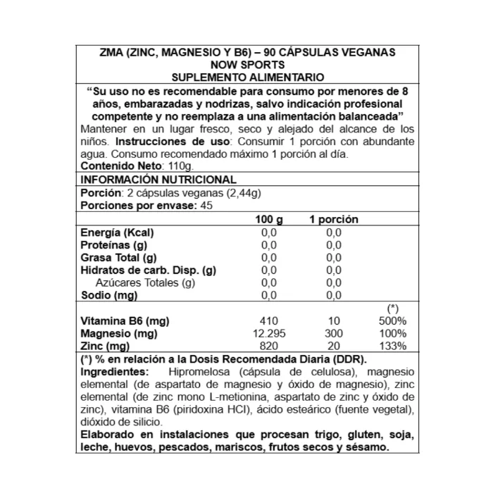 Información nutricional de ZMA 800 mg · 90 caps